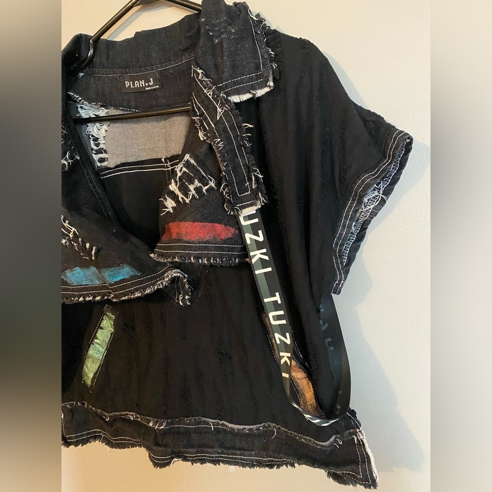 TUZKI Raw Edge Distressed Denim Top Black Jacket Vest - Picture 3 of 13